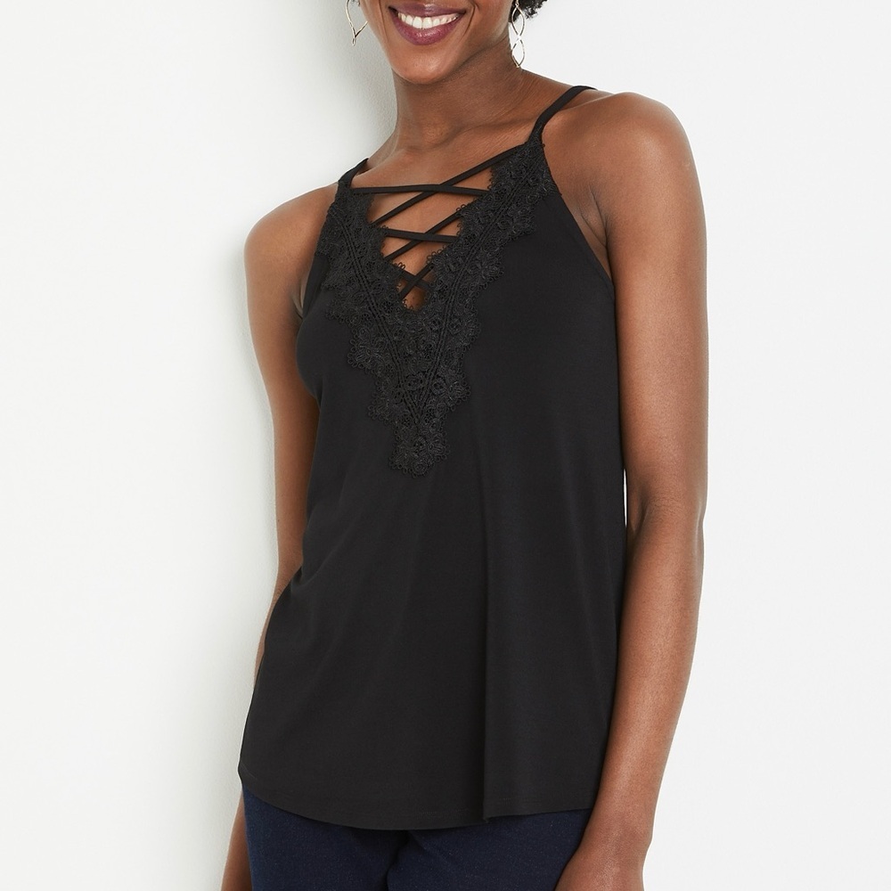 Maurices Strappy V-Neck Crochet Tank Top Solid Black Plunge Crepe Medium Women’s